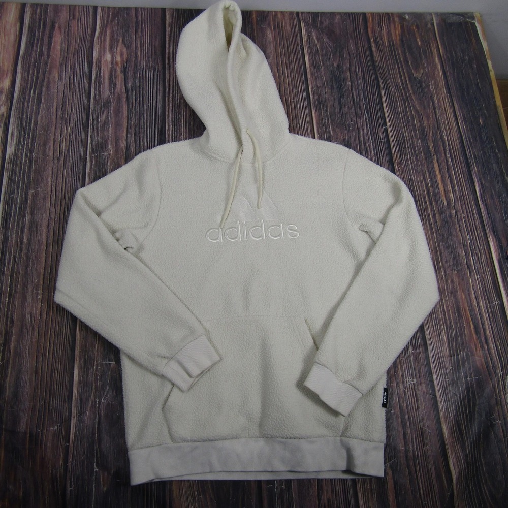 Adidas Hoodie Mens Medium White Sherpa Fleece Pullover Sweatshirt Kangaroo